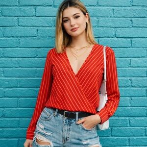 BCBG MAXAZRIA Red Striped Long-Sleeve Wrap Top S